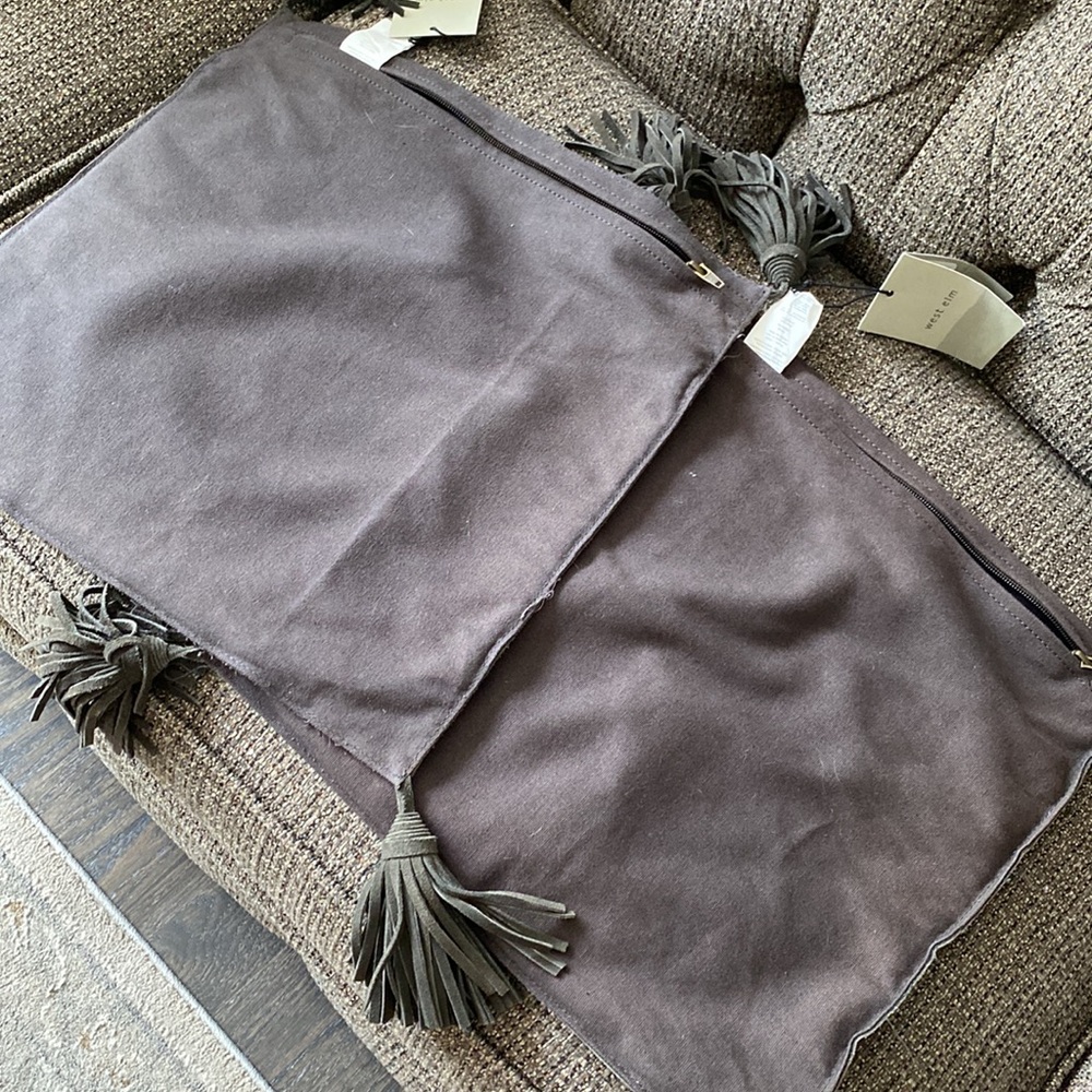 West Elm tasseled leather front pillow cases